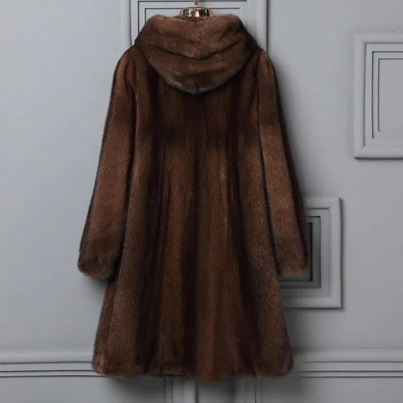 Women's black faux fur hooded coat with regular sleeves on a hanger