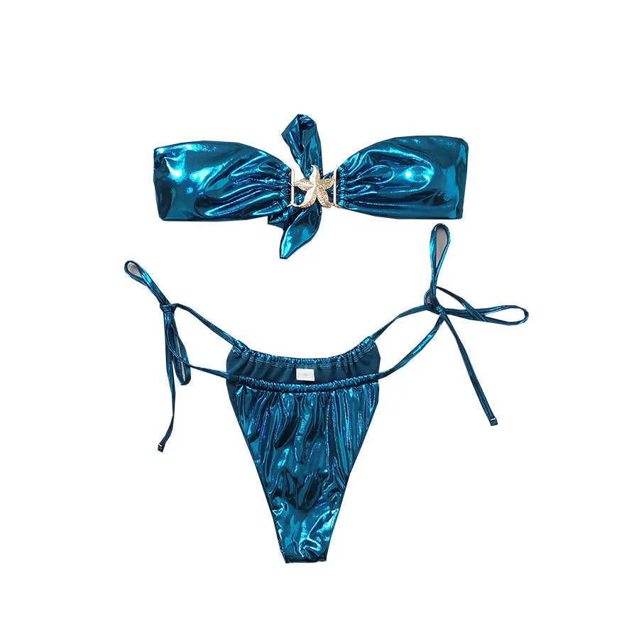Women's glossy bikini with gold starfish pattern in sapphire blue, tube top design with long sleeves
