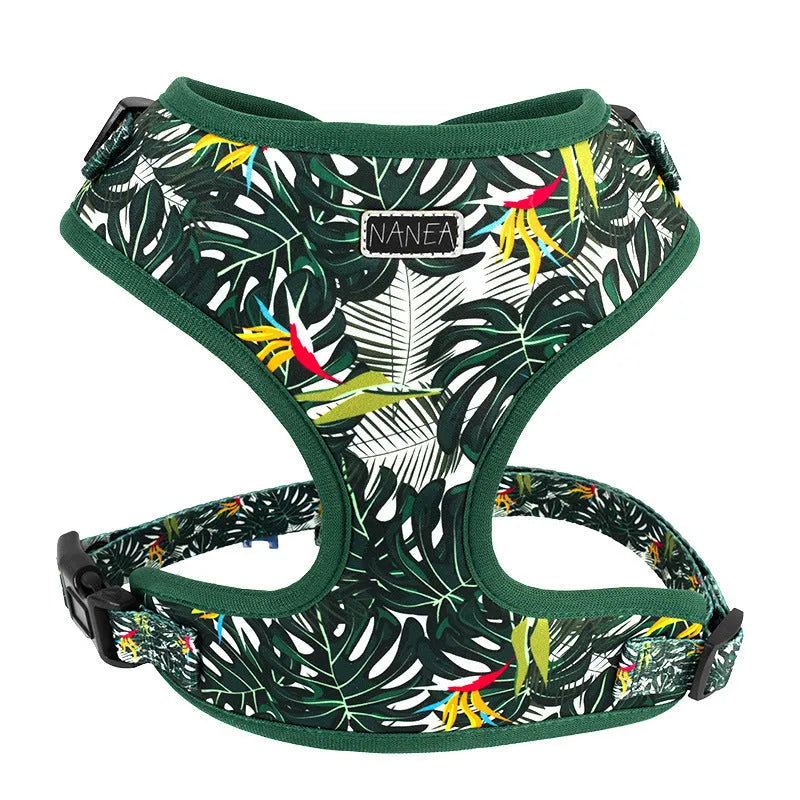 Adjustable cloth dog harness set with haulage rope, collar, waste bag, bow, and triangular scarf in six-piece configuration