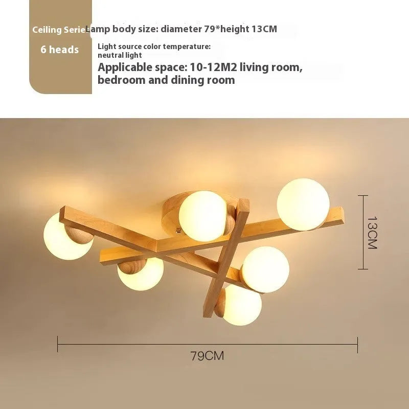 Wooden style modern Nordic ceiling light fixture with three neutral light heads