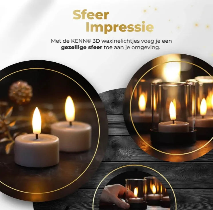 Four taupe LED tealight candles with realistic 3D flame effect on dark surface