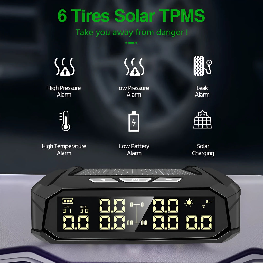 Solar-powered tyre pressure monitor with colour screen and six external sensors for trucks and RVs