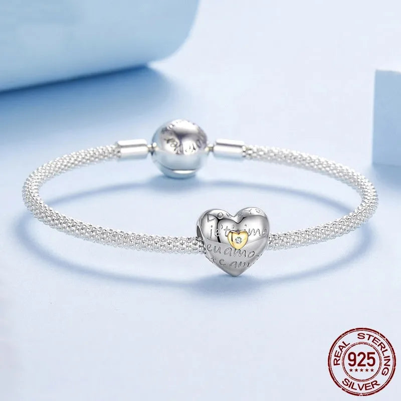 S925 sterling silver love heart bead charm, 1.1cm by 1.2cm with 0.45cm hole, colour BSC1135