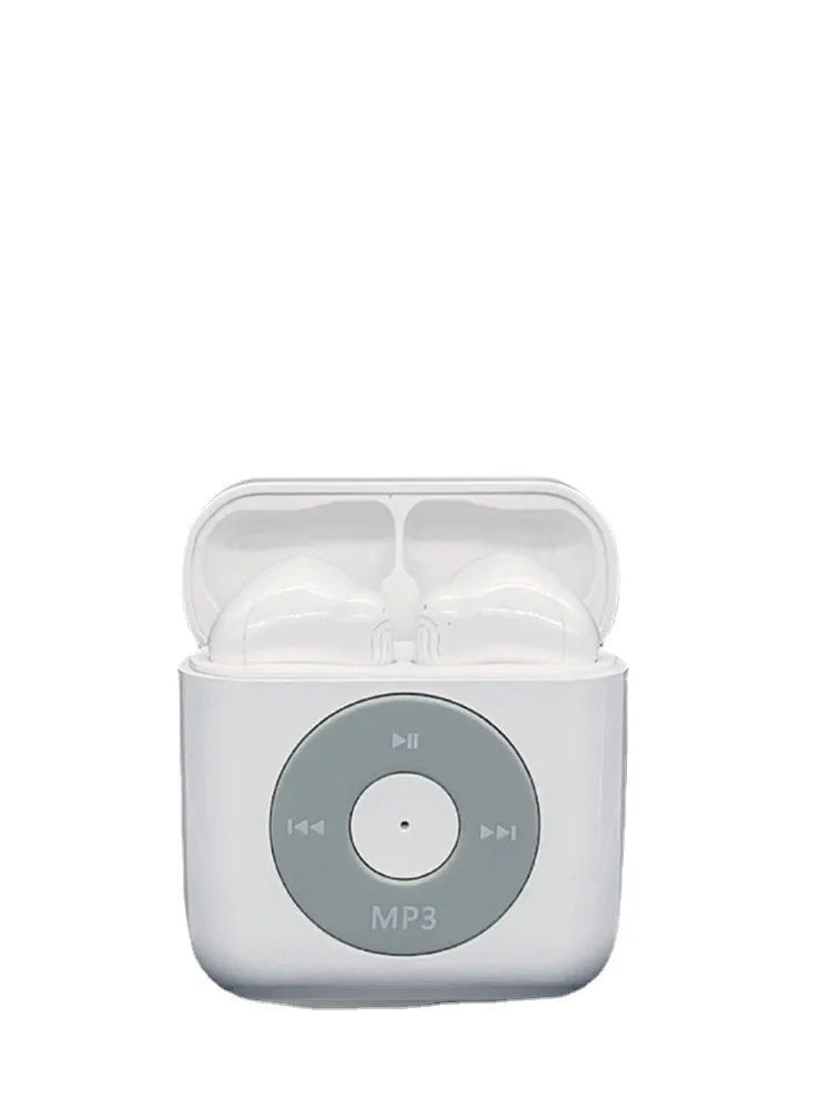 White wireless Bluetooth semi in-ear headphones with a charging case on a solid background.