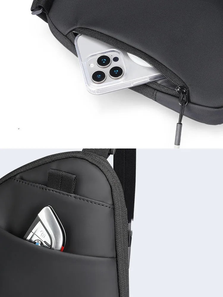 Men's elegant black crossbody bag made from lightweight Oxford cloth with reinforced sewing details
