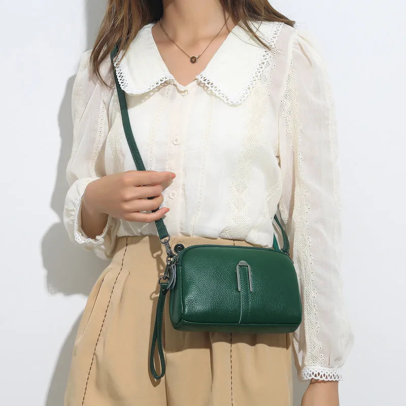 Genuine leather women's shoulder bag in urban square design, shown in dark khaki colour.