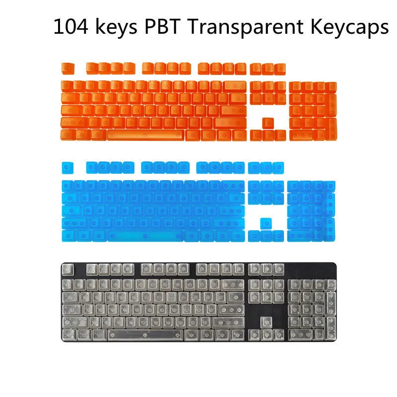 Set of 104 transparent PBT mechanical keyboard keycaps in orange, white, blue, and black colours.