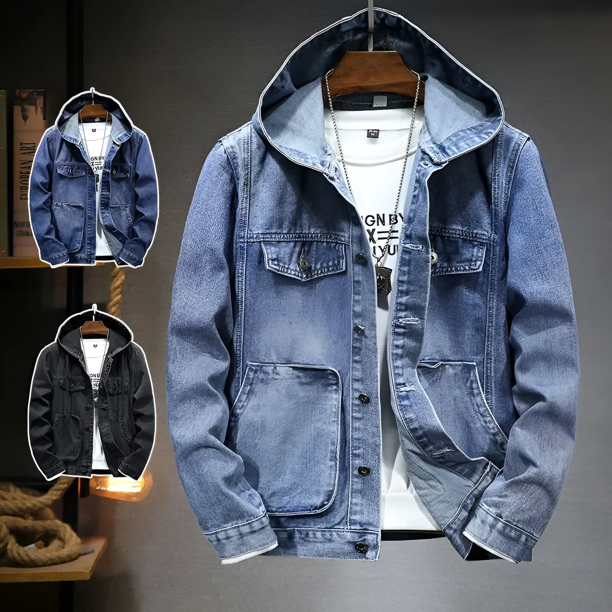 Men's hooded denim jacket in light blue, dark blue, or black, slim fit with cotton lining and size stick pocket, sizes M to 5XL.