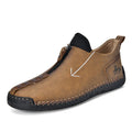 Men's black front zip Martin style boots with round toe and low rubber sole.