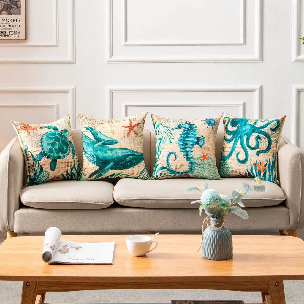 Sea turtle printed linen cushion cover 45x45cm with invisible zipper closure