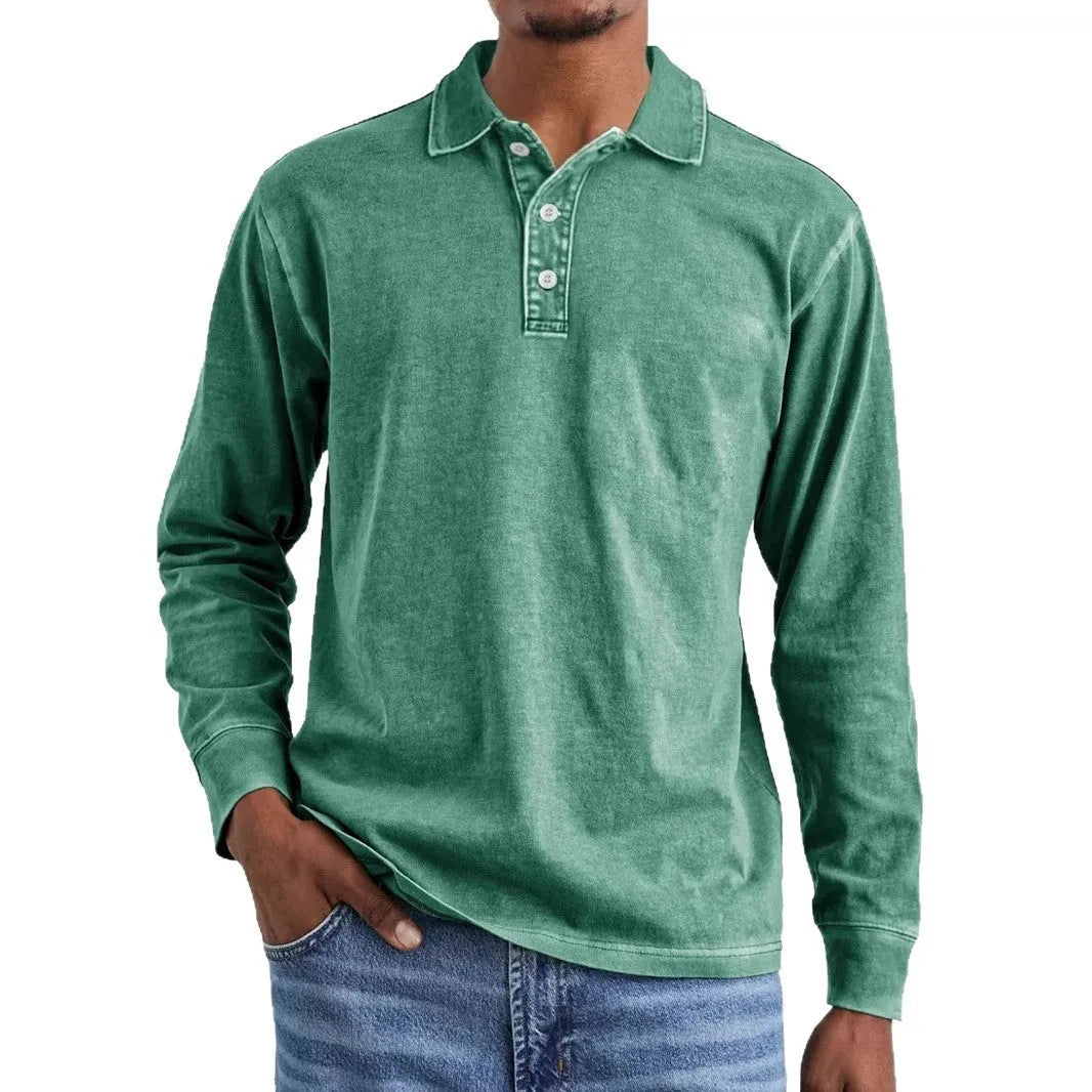 Men's retro washed pure cotton long sleeve polo shirt with a distressed lapel in army green