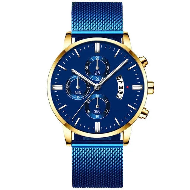Men's stainless steel quartz watch with mesh band in a two-tone colour option on a wrist.
