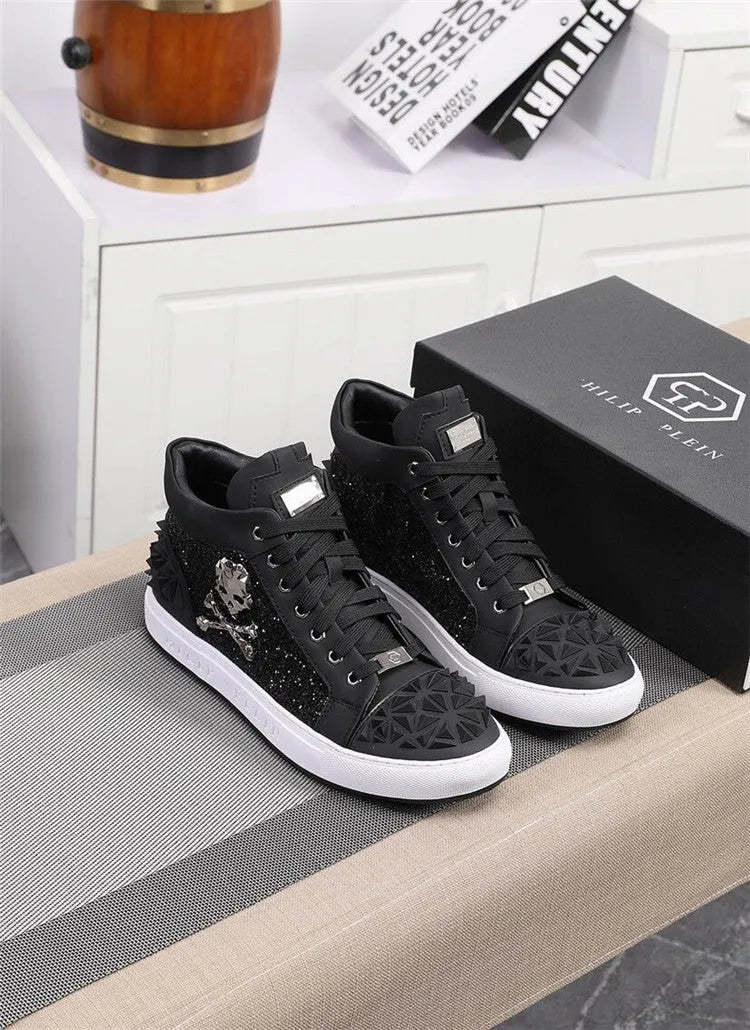 Men's black genuine leather high top skeleton shoes with lace-up front on a white background