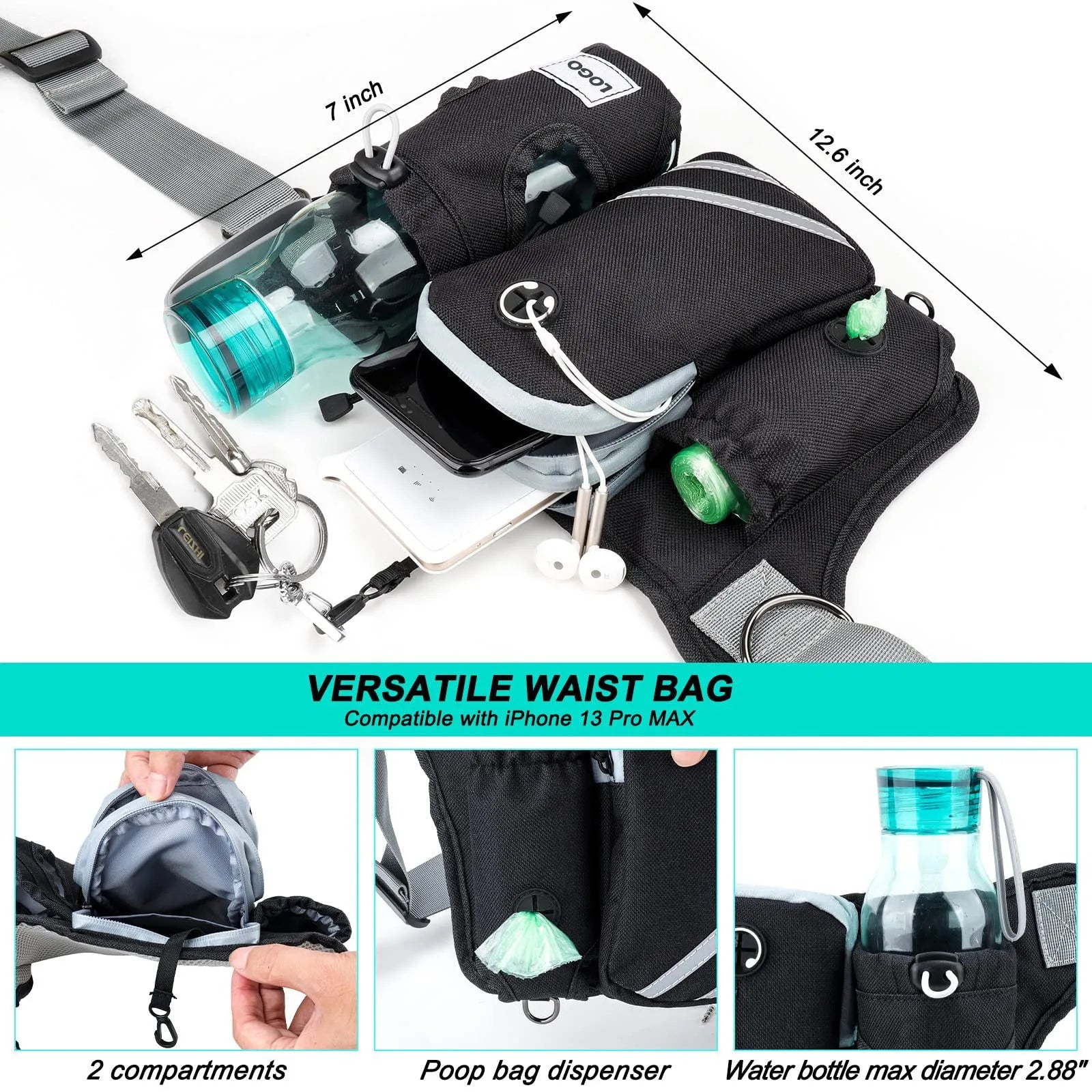 Black nylon dog walking set including waist bag and adjustable leash with collar for outdoor training