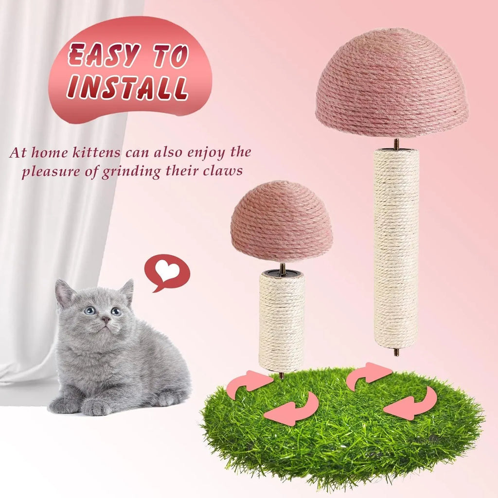 Pink mushroom-shaped cat scratching post with natural sisal covering for small cats up to 1.9kg