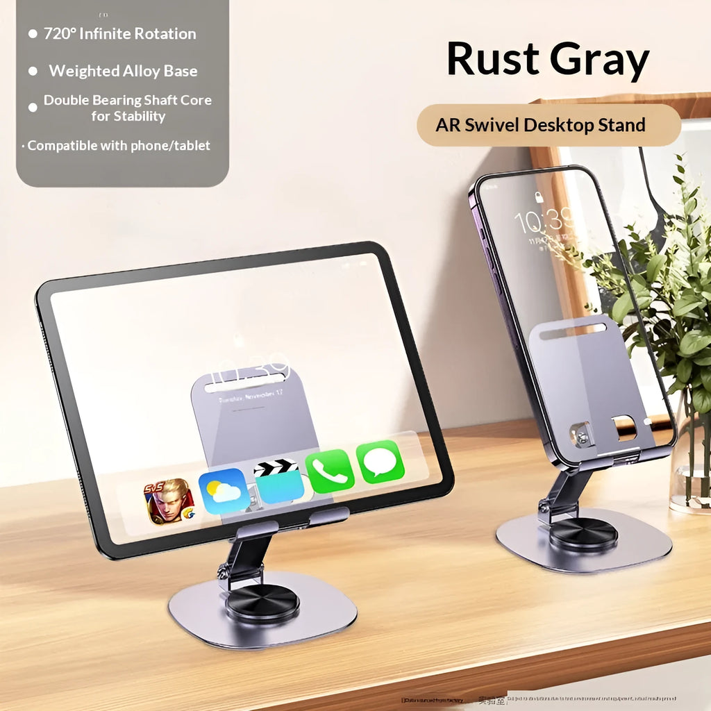 Desktop folding aluminium alloy phone stand in gun gray with rotatable head