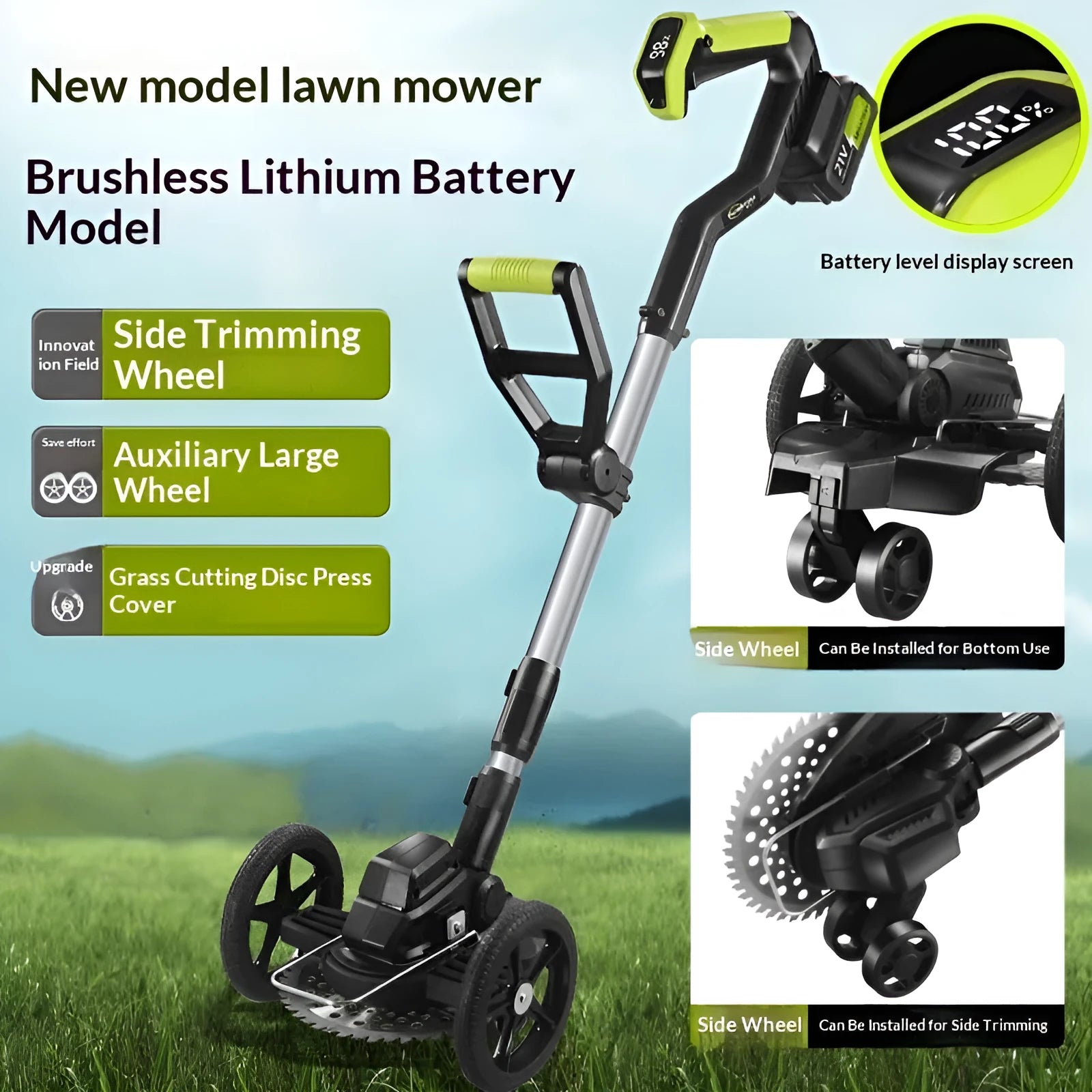 Electric brushless lithium garden lawn mower with steel and aluminium construction, multi-wheel assistance, 500W motor