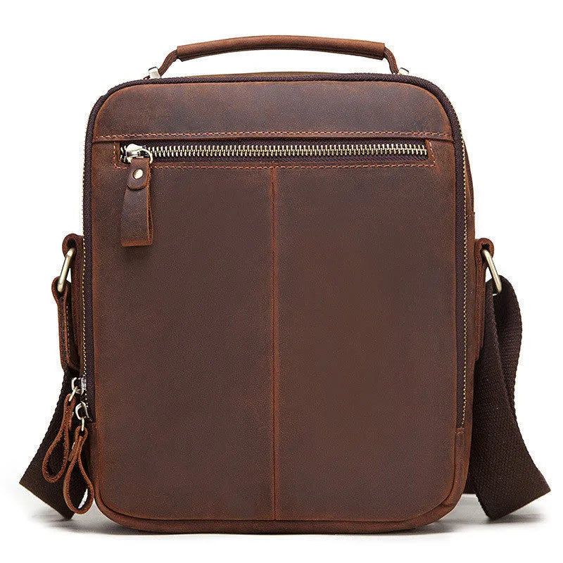 Men's brown genuine leather crossbody bag with sewing line detailing and single-shoulder strap