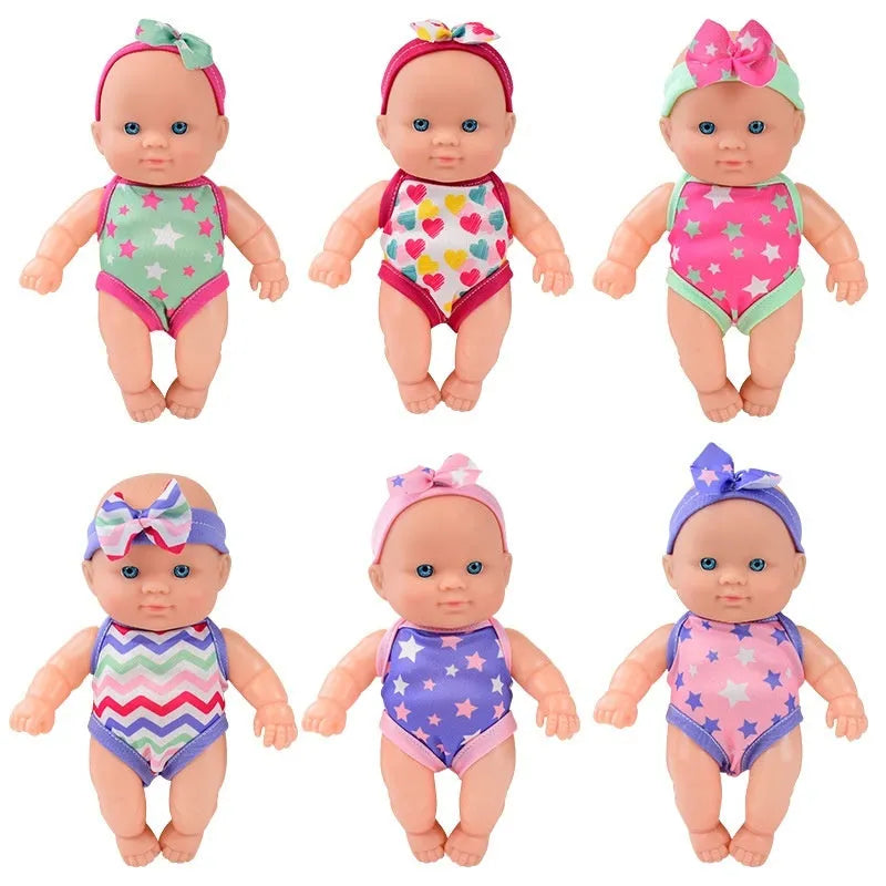 A 21.5cm tall vinyl baby figurine doll, a decorative model available in six different colour options.