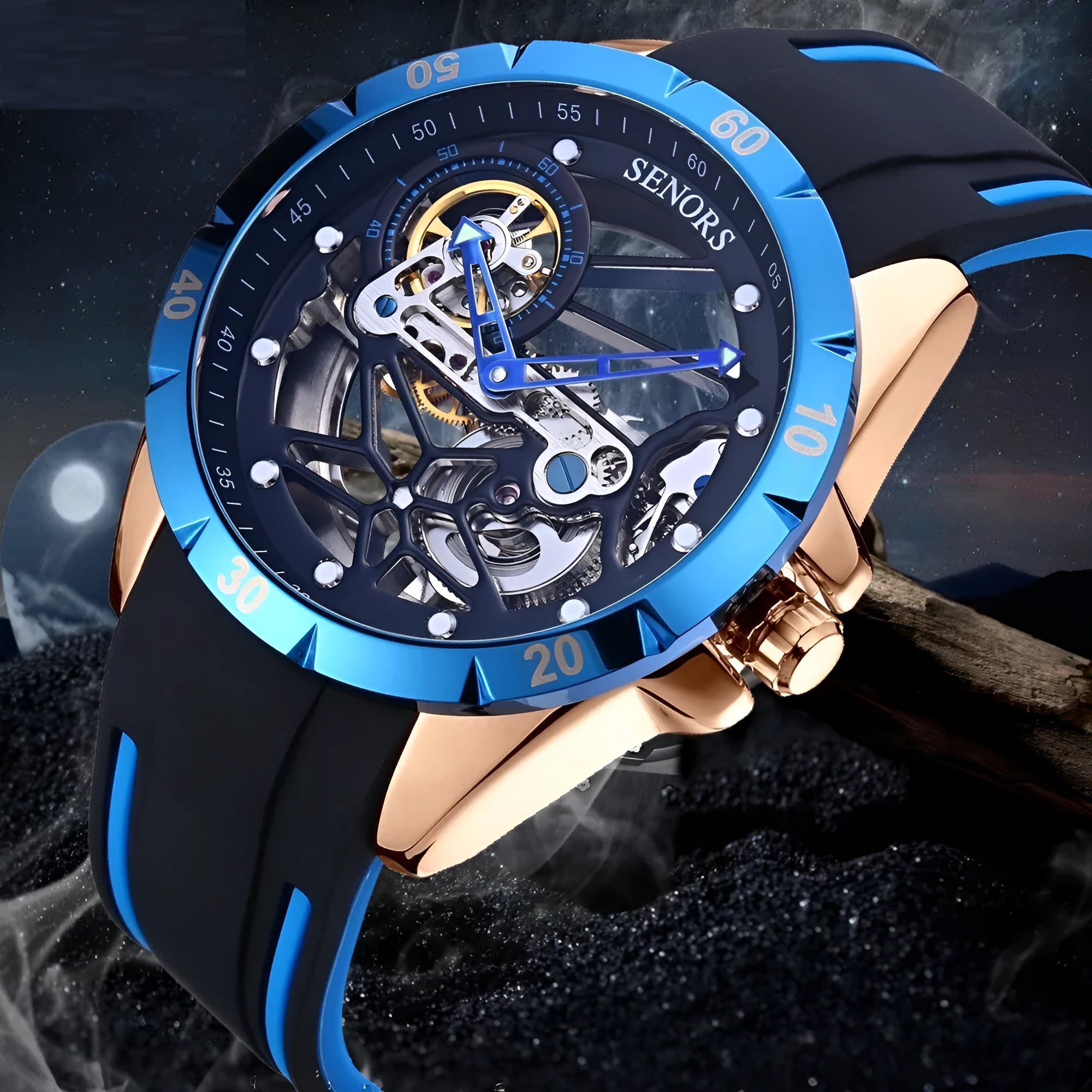 Men's rose gold automatic skeleton watch showing mechanical movement through hollow dial, 16mm thick business timepiece