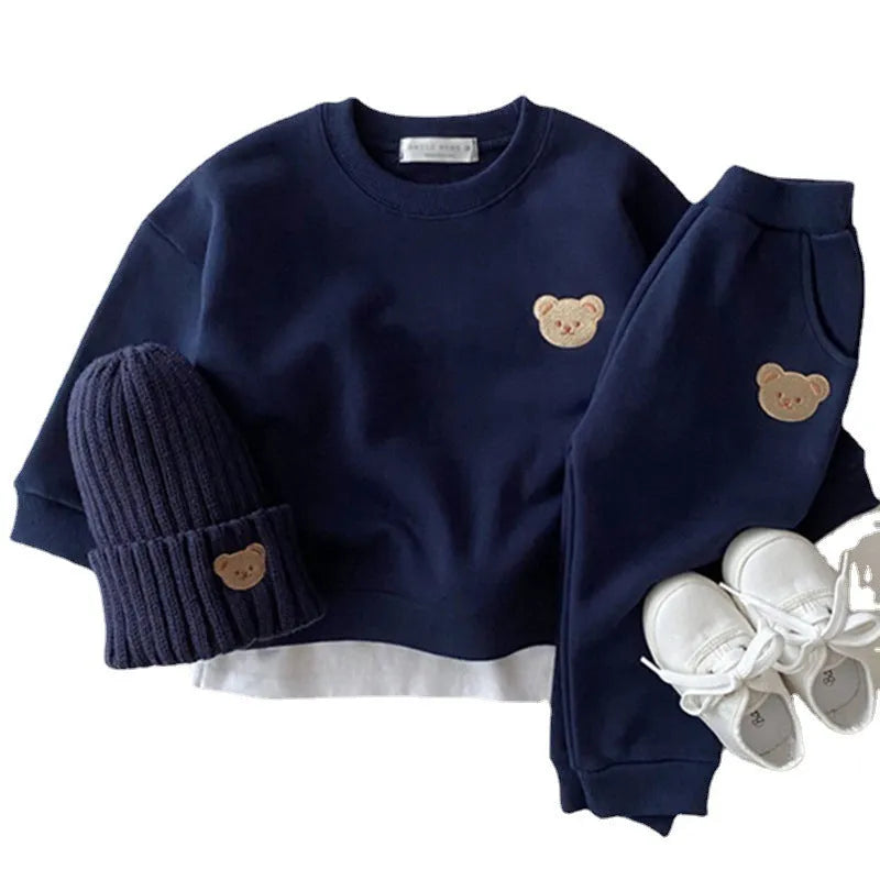 Children's cotton bear round neck sweater and pants two-piece set in yellow, dark blue, brown, pink and light grey