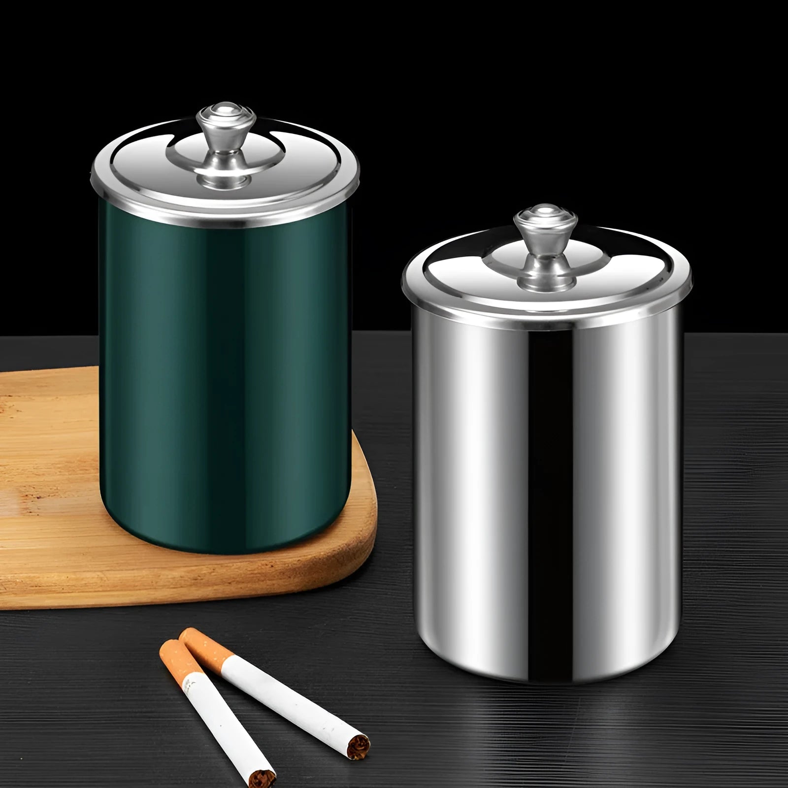 Stainless steel fly ash ashtray with cover, funnel, and smoke button in various colours