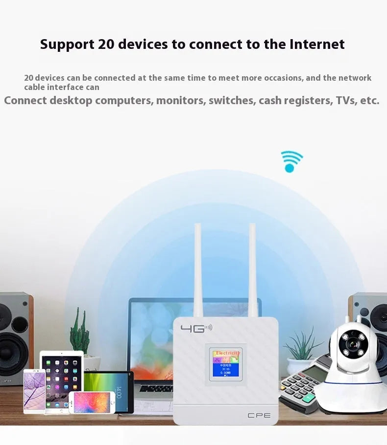 LTE router with two antennas, USB cable, and power adapter for home office wireless connectivity