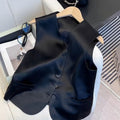 Black satin sleeveless ladies' vest with loose fit and normal length design