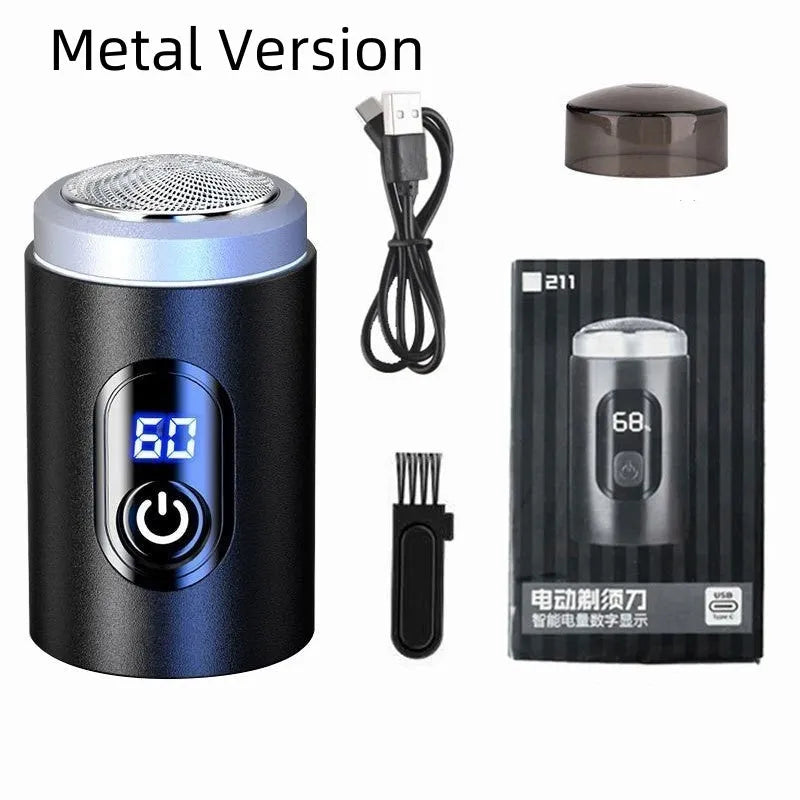 Black portable USB rechargeable shaver with cleaning brush and protective cover on a white background.