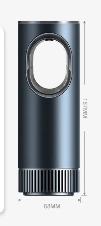 Black car air purifier measuring 68 by 187mm with USB power connection