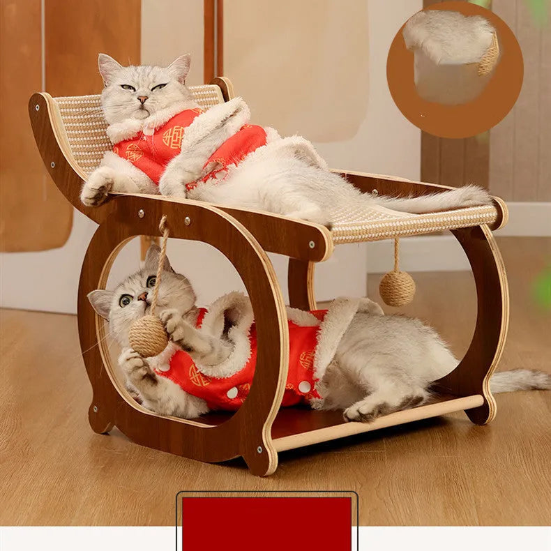 Solid wood cat scratching mat with sisal surface in walnut colour, also used as a cat bed.