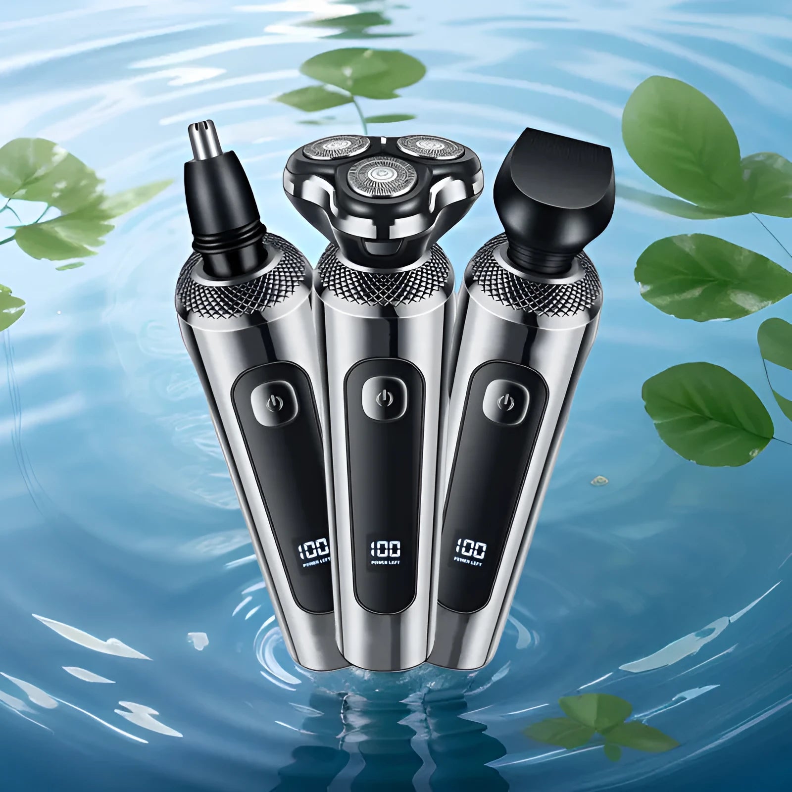 USB rechargeable beard trimmer with digital display and washable head on a five-in-one base.