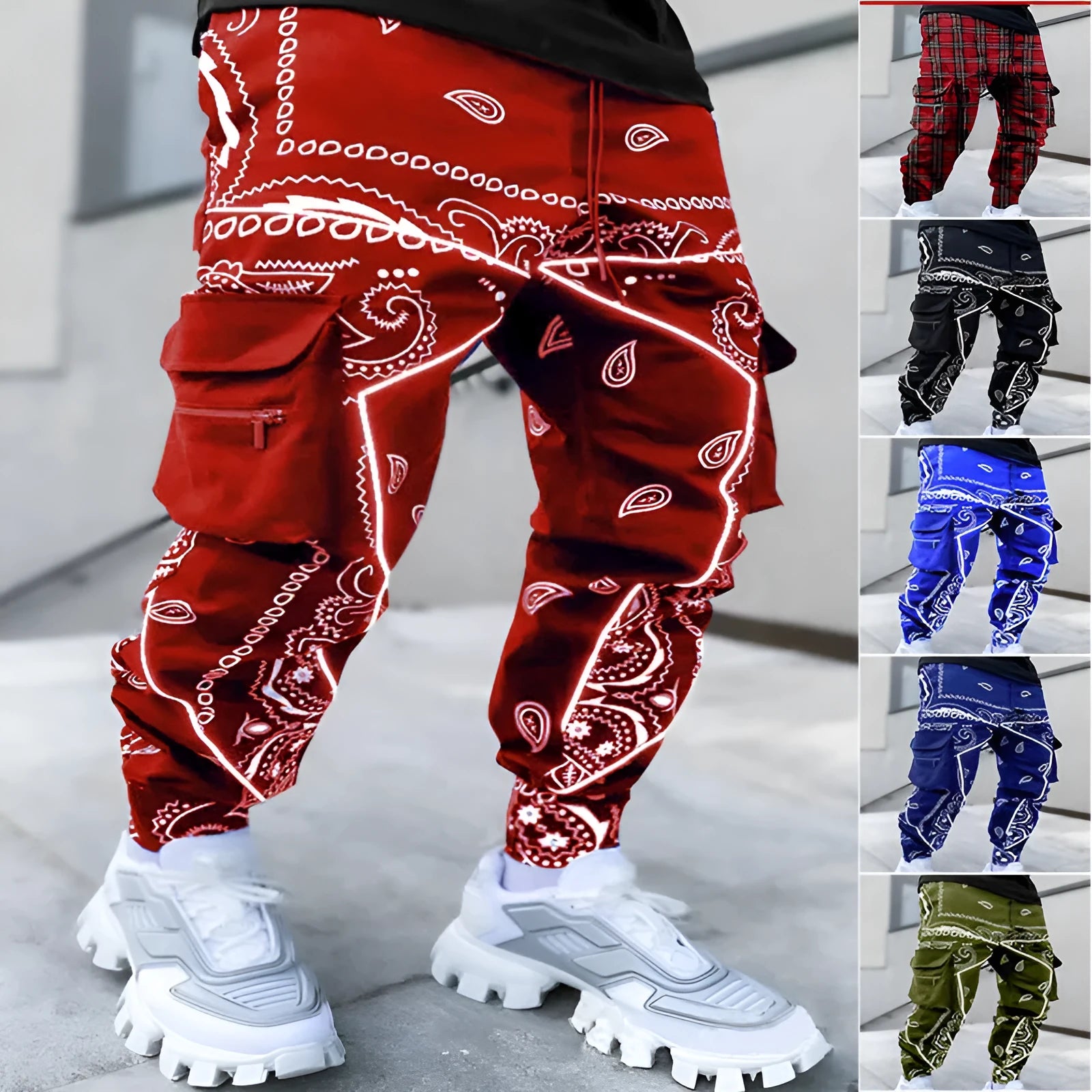 Men's loose wide-leg harem trousers with letter print in cotton blend, mid-waist tie closure