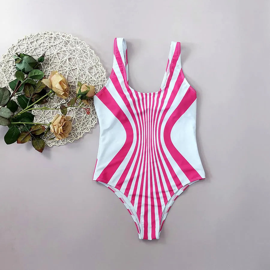 Pink striped women's one-piece swimsuit with front and back digital printing.