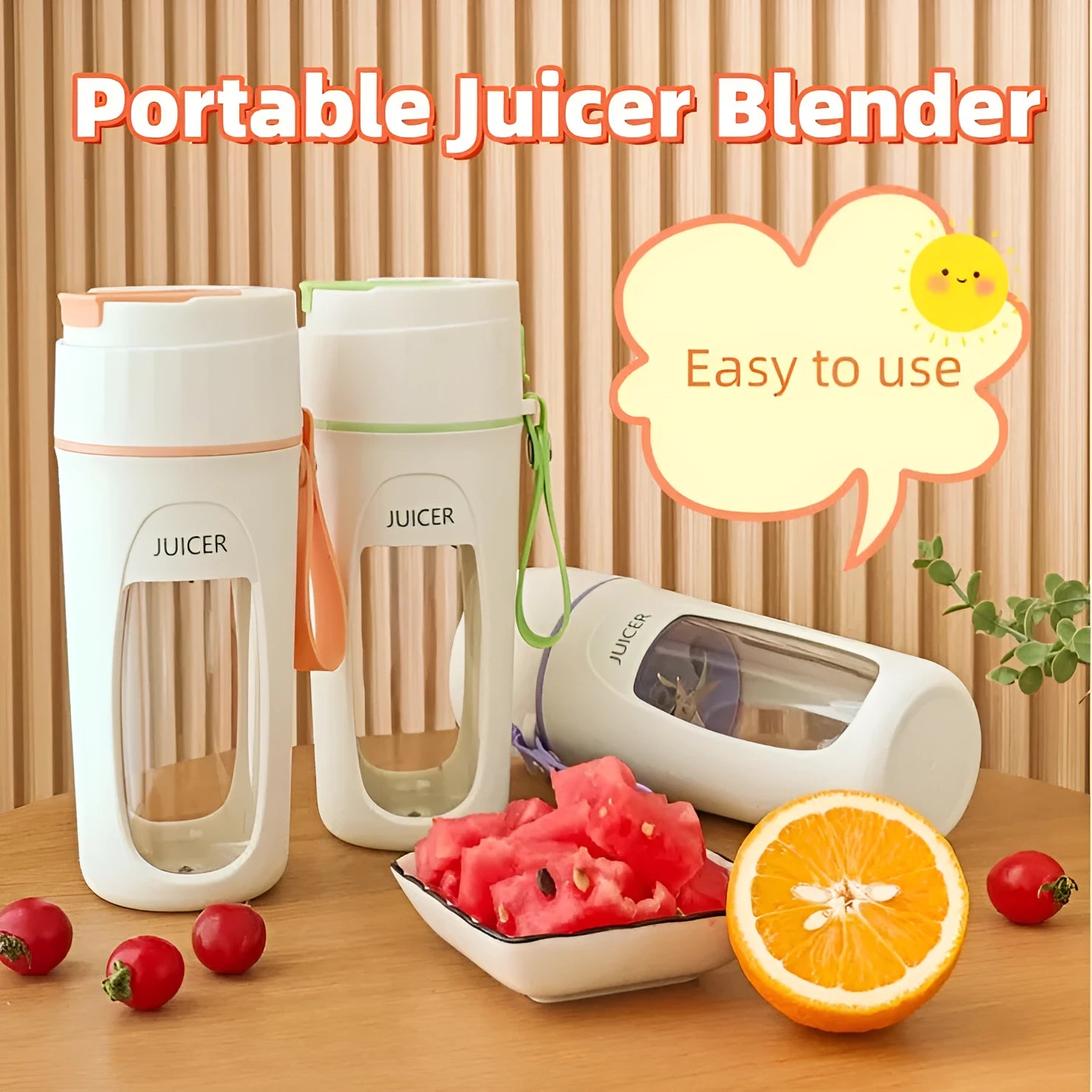 Portable USB rechargeable blender and juicer cup with borosilicate glass liner in fresh orange colour