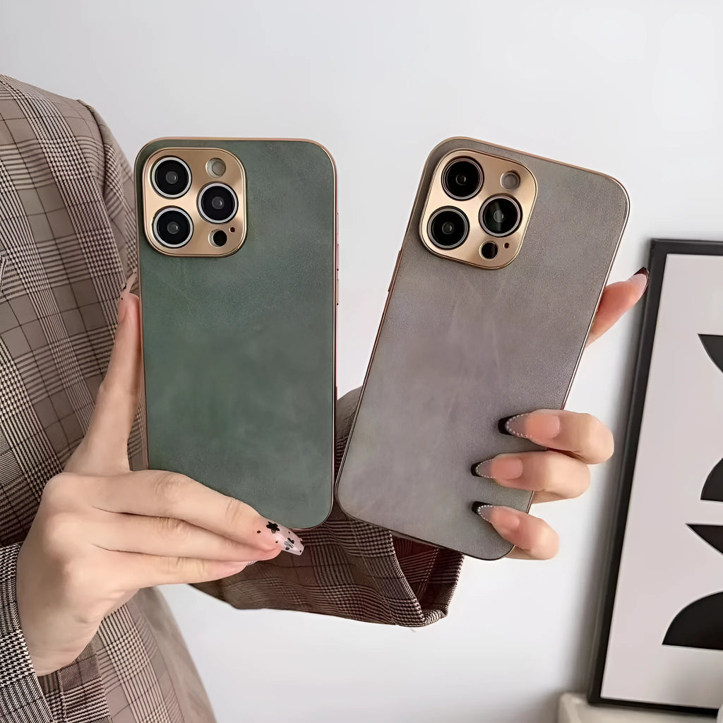 Leather texture phone case for iPhone in black, blue, grey, and grey-green colour options.