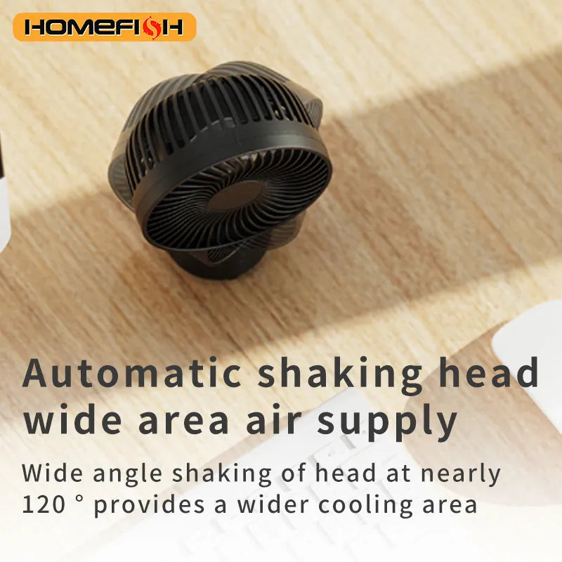 HOMEFISH F2 handheld fan with automatic shake head, LED light, and removable mounting bracket.