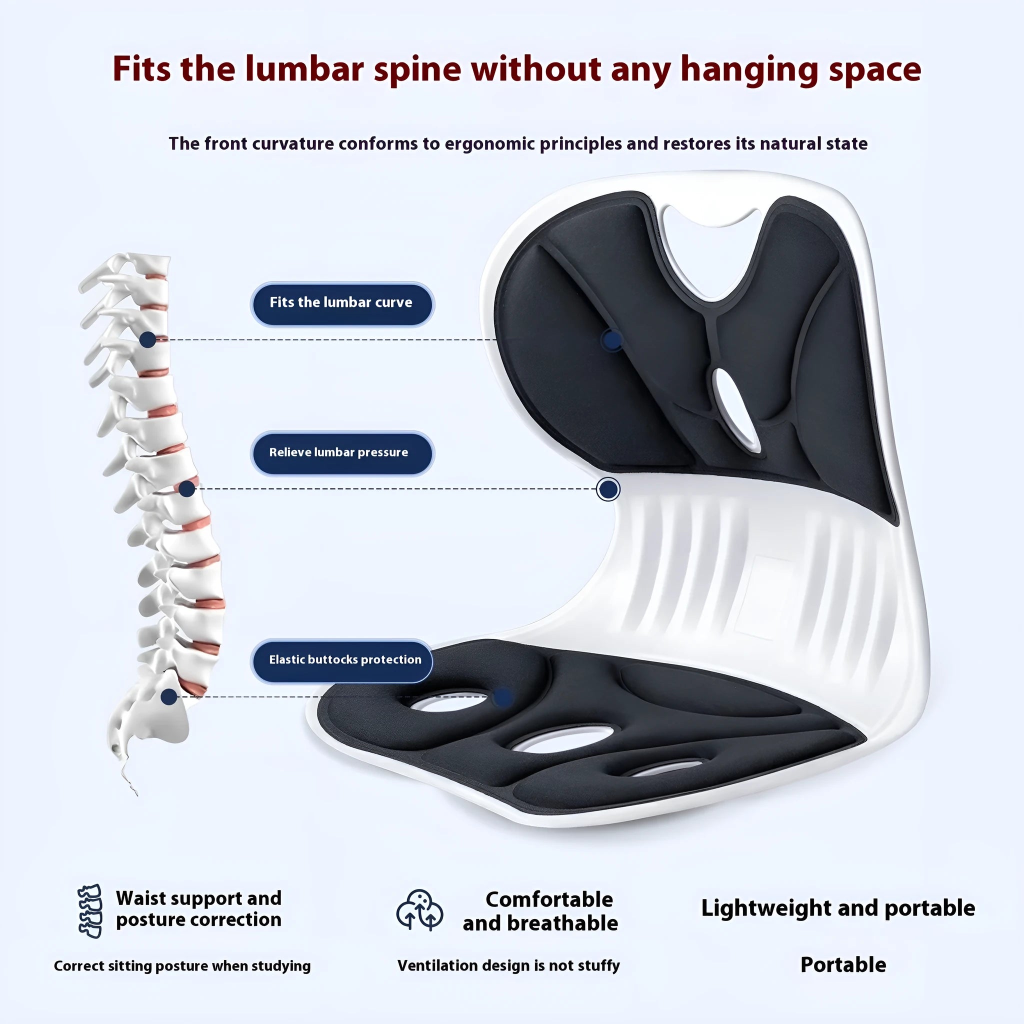 Grey lumbar support seat cushion with sponge filler for office chair or car seat use