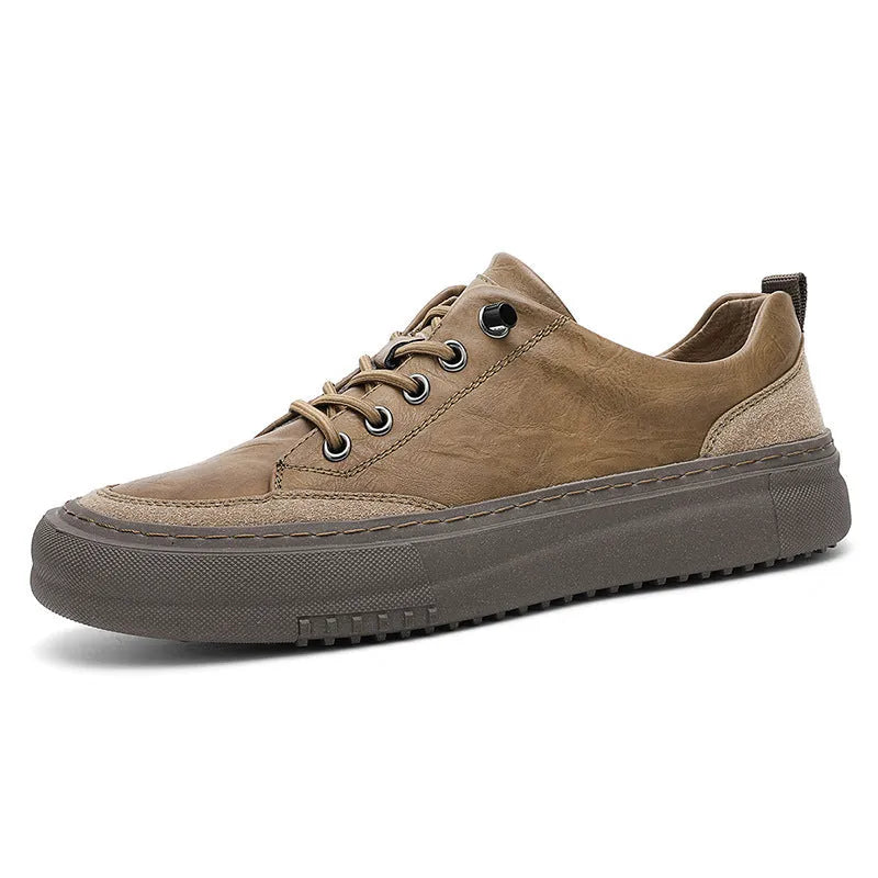 Men's black round toe leather casual shoes with microfiber uppers and rubber soles shown from side view