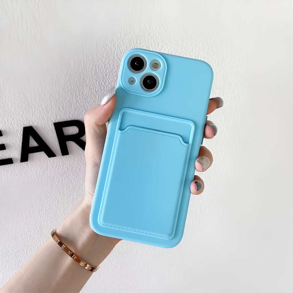 Sky blue colour blocking TPU silicone iPhone case with an integrated card slot.