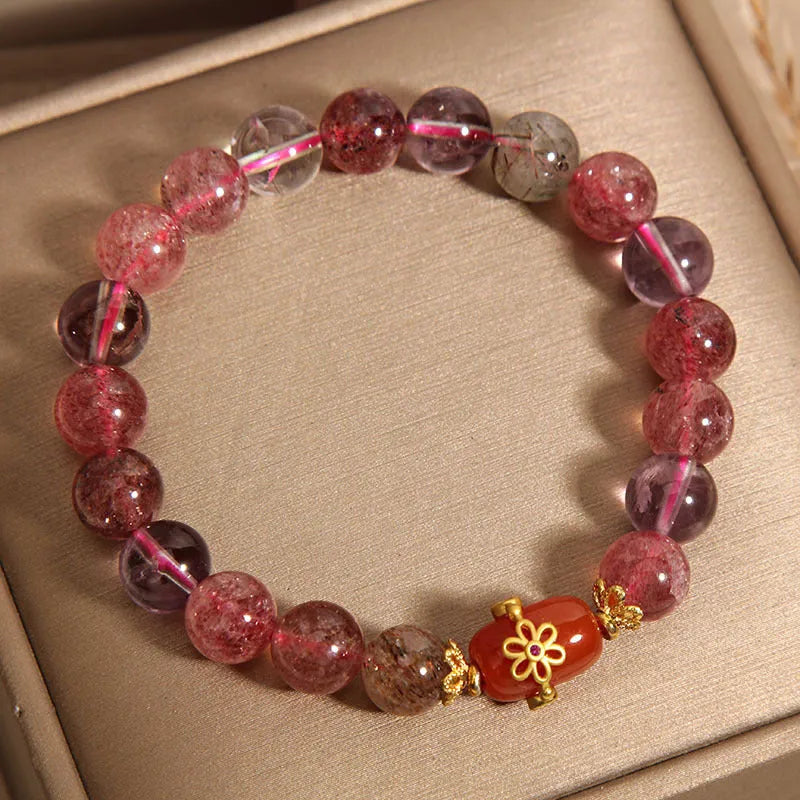 Natural Super Seven crystal bracelet with white crystal and red agate stones in cartoon-style design