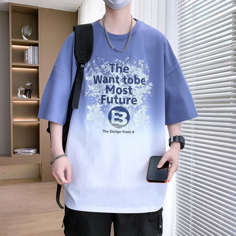 Boys printed cotton blend t-shirt with short sleeves and drop-shoulder design in various colours.