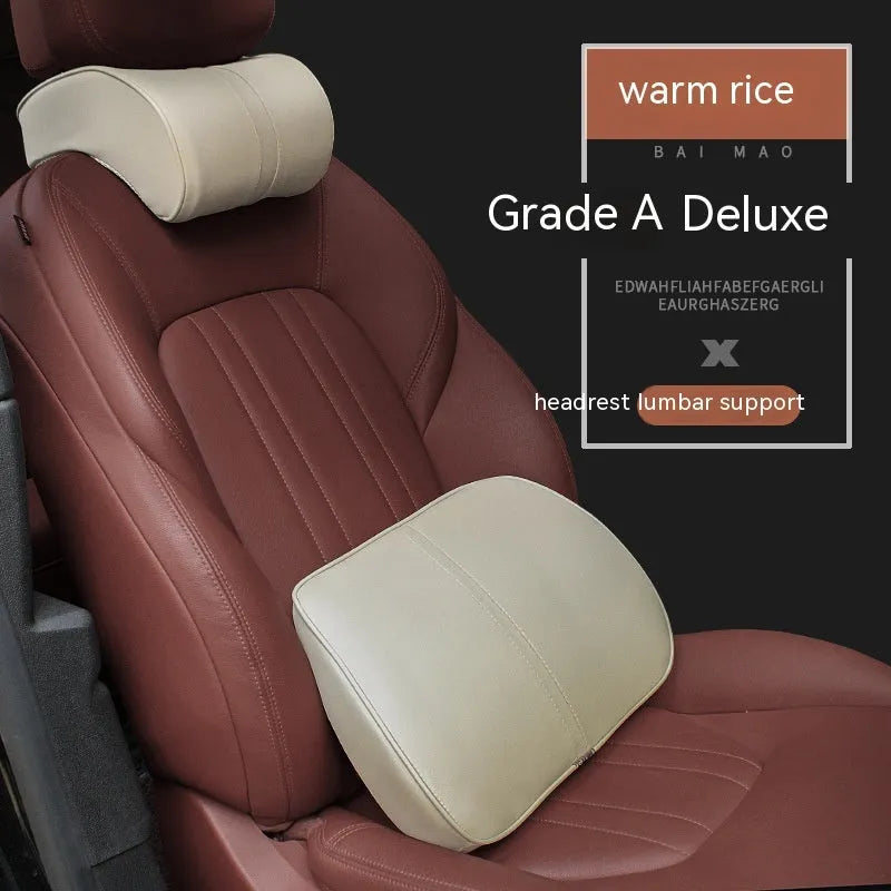 Solid colour leather car headrest cushion and lumbar support pillow with memory foam core