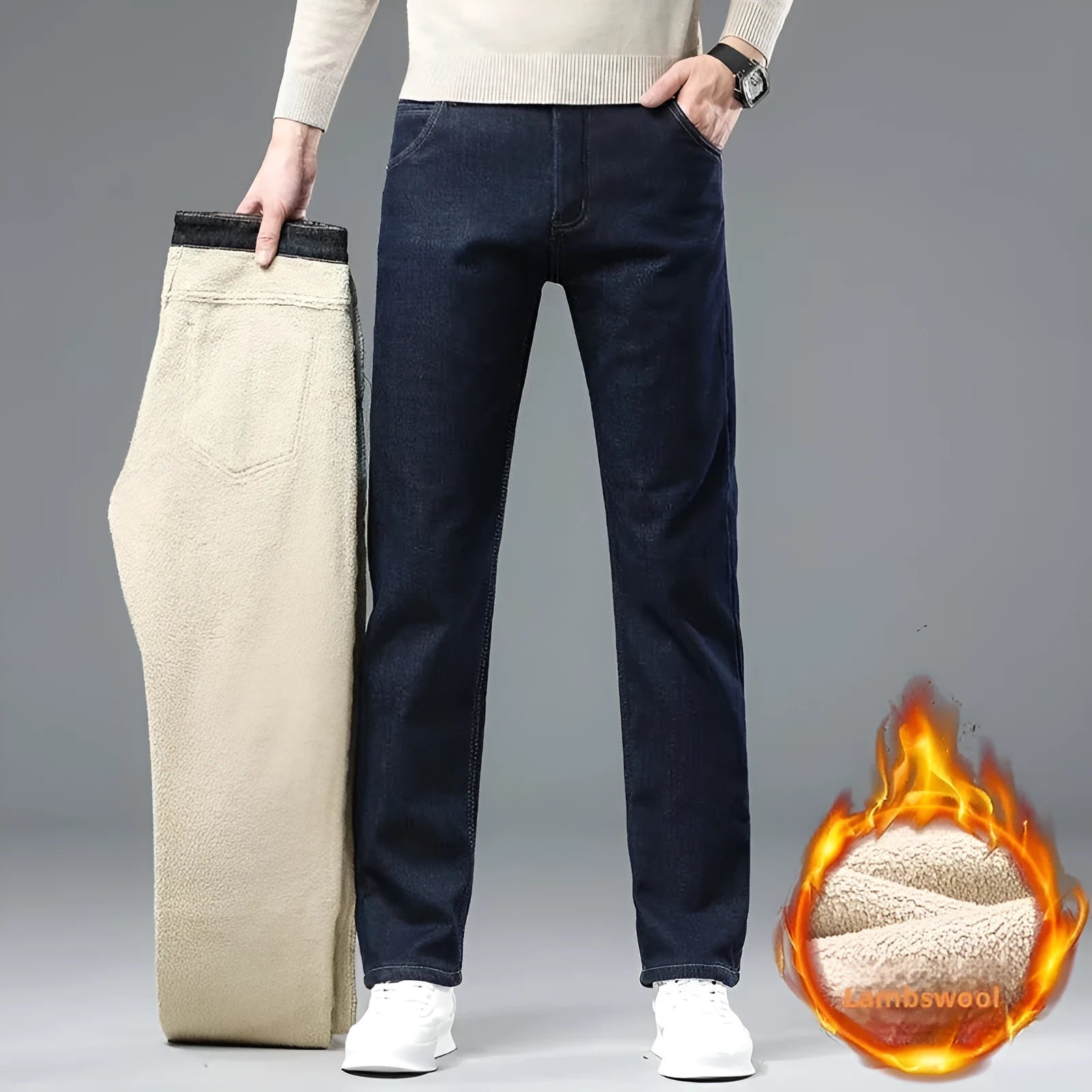 Men's fleece-lined cotton straight-leg jeans in black with velvet lining, mid waist, drawstring closure