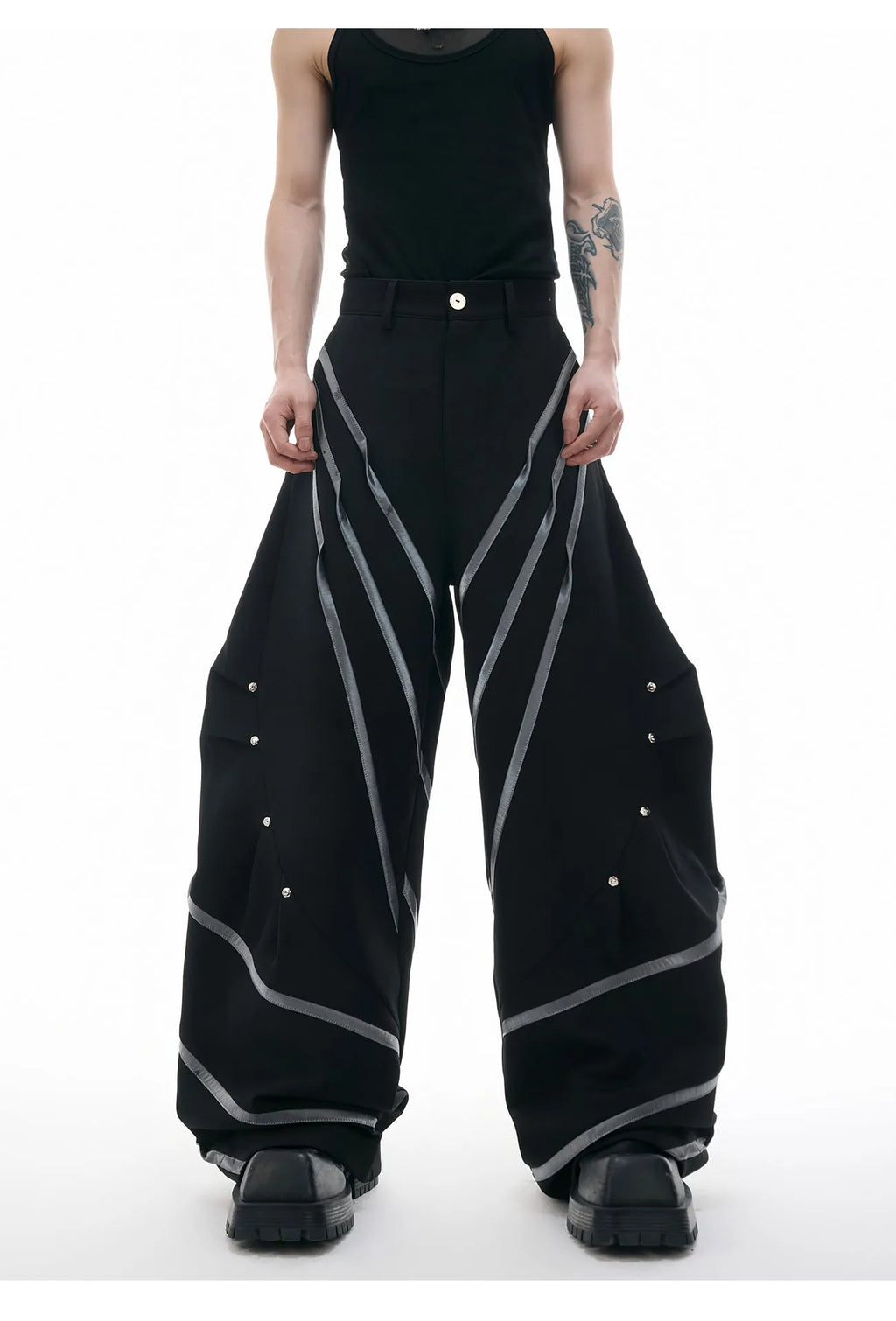 Men's trousers with three-dimensional cutting and metal striped rivet pleated detailing