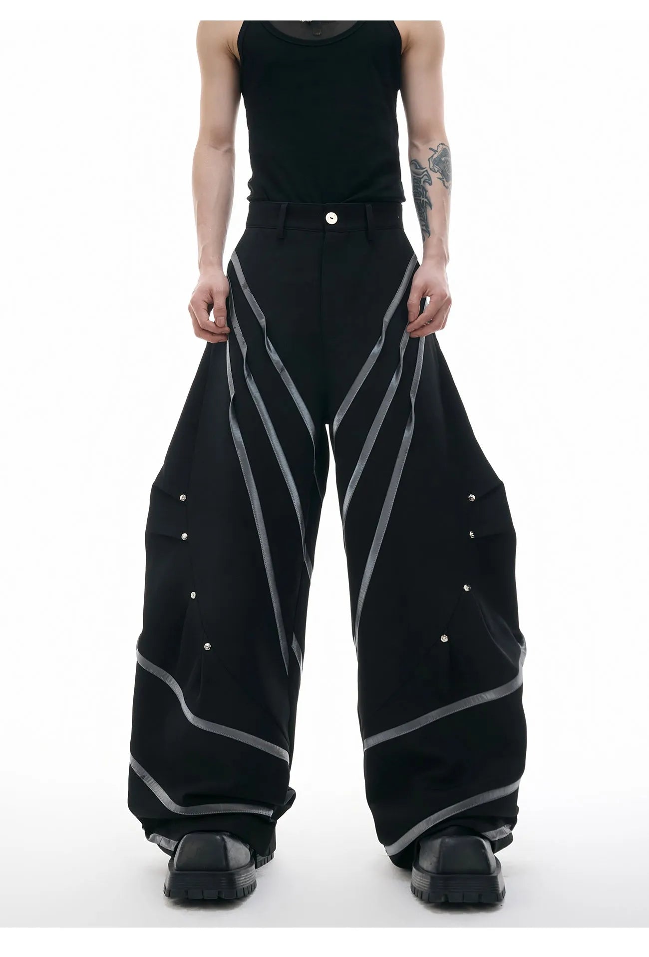 Men's trousers with three-dimensional cutting and metal striped rivet pleated detailing