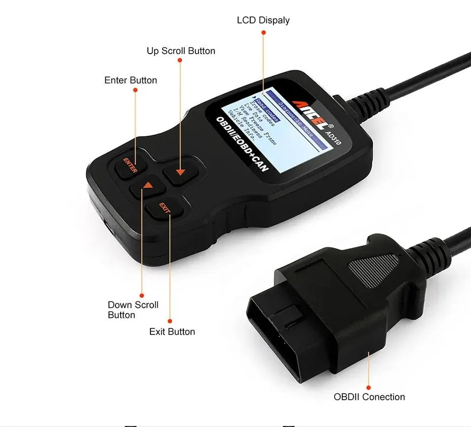Black universal OBD2 automobile fault detector for engine diagnostics