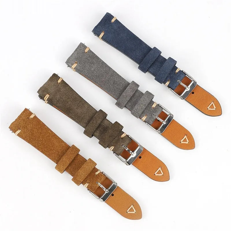 Genuine suede leather watch strap in brown, shown in a small waist design.