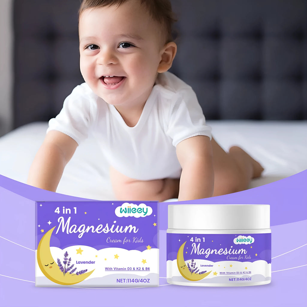 114g jar of children's magnesium cream with vitamin D3 and K2 in 4-in-1 formula