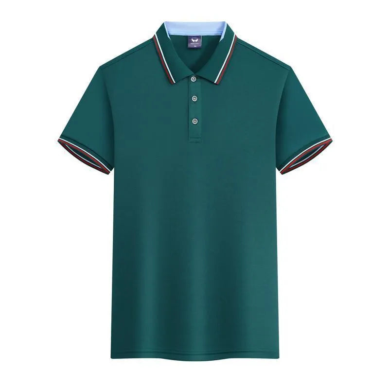 Man wearing a slim fit ice silk quick-dry polo shirt in blue, short sleeve workwear top.